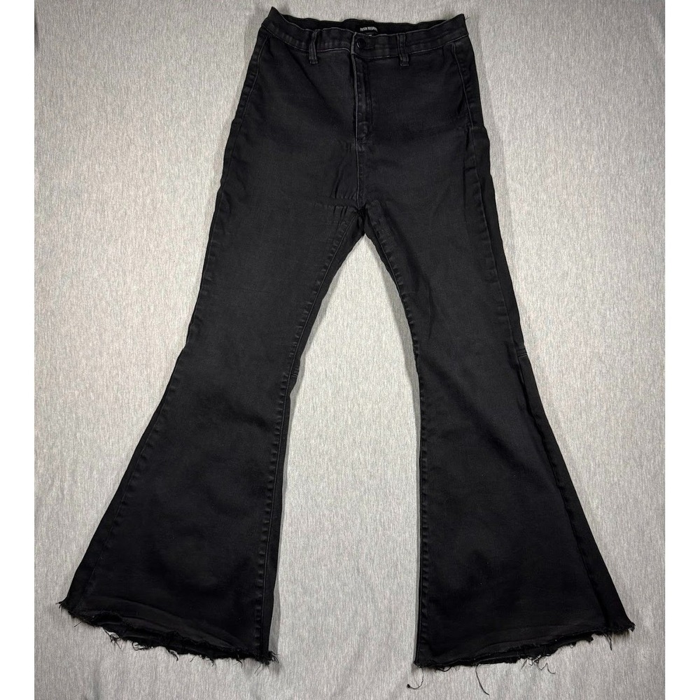 Poison Mushroom Black Flare Jeans Size‎ 11 Raw Hem Y2K Grunge Stretch Denim